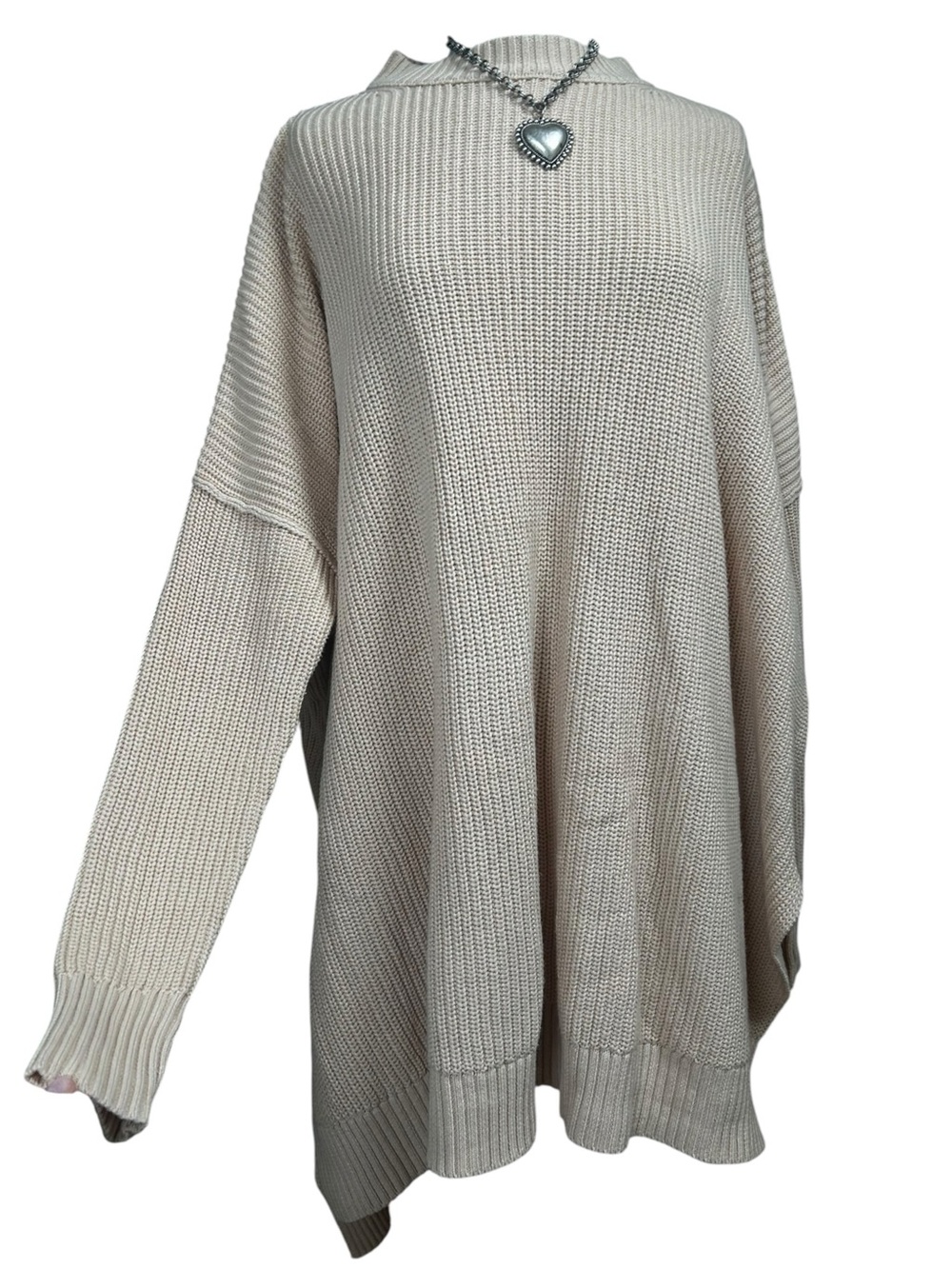 Free People Oversized Cotton Knit Tunic Sweater Cream Thumbholes Size XS/S Boho